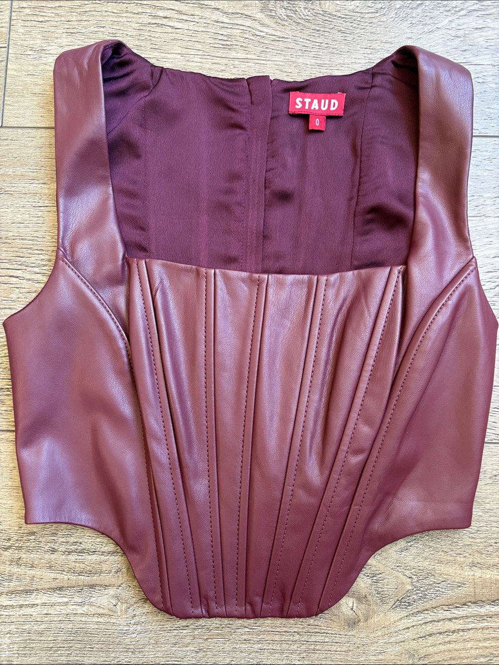 NWOT STAUD Burgundy Vegan Faux Leather Bustier Corset Style Top Zips up the Back